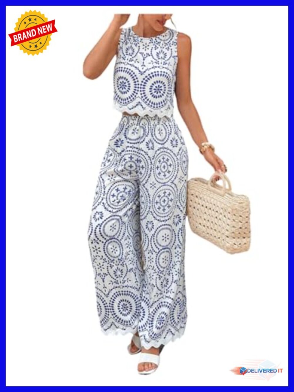Boho 2 Piece Pants Outfit Sleeveless Crop Tank Top Wide Leg Pant Set